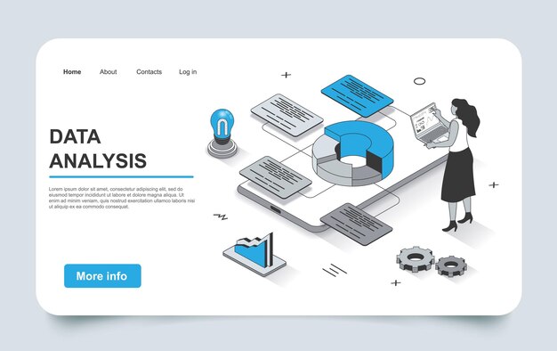 Data analysis concept in 3d isometric landing page outline design Women studies statistics