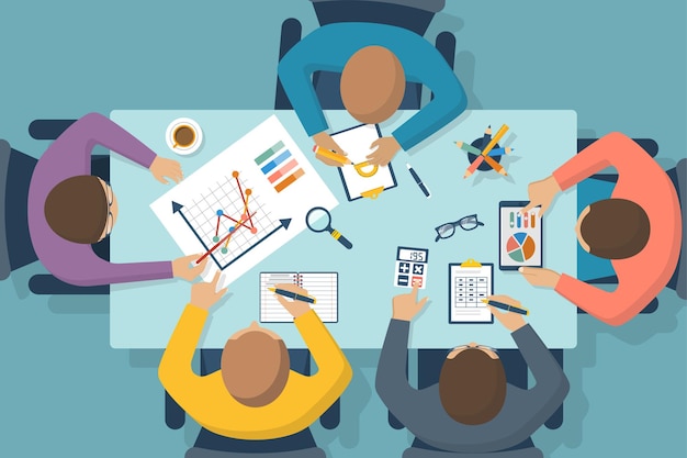 data analysis concept business people team analyzes the financial growth research statistics on the chart planning strategy meeting businessmen teamwork vector illustration flat design