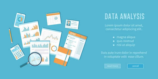 Vettore concetto di analisi dei dati financial audit analisi statistiche gestione dei report strategici lente d'ingrandimento su documenti con grafici calcolatrice calendario calendario vista dall'alto vettoriale