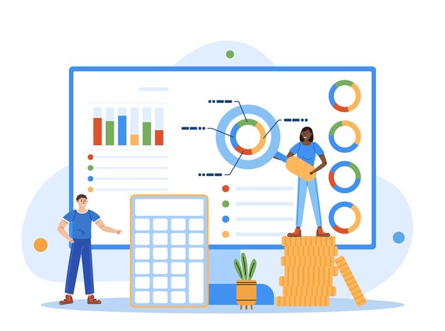 Vector data analysis concept financial management illustration set characters investing money money management tax personal finance management and financial literacy concept vector illustration