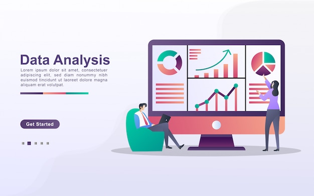 Vector data analysis concept. people analyze chart movements and business development. data management, auditing and reporting. can use for web landing page, banner, flyer, mobile app.