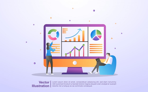 Vector data analysis concept. people analyze chart movements and business development.