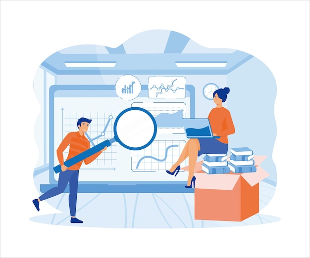 Vector data analysis concept people characters working with data visualization analyzing tables charts and graphs at business dashboard flat vector modern illustration