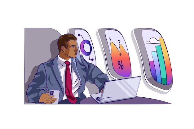 Vettore concetto di analisi dei dati con scena di persone in un design piatto di cartoni animati per il web l'uomo in aereo lavora al laptop ricercando grafici e grafici illustrazione vettoriale per materiale di marketing banner sui social media