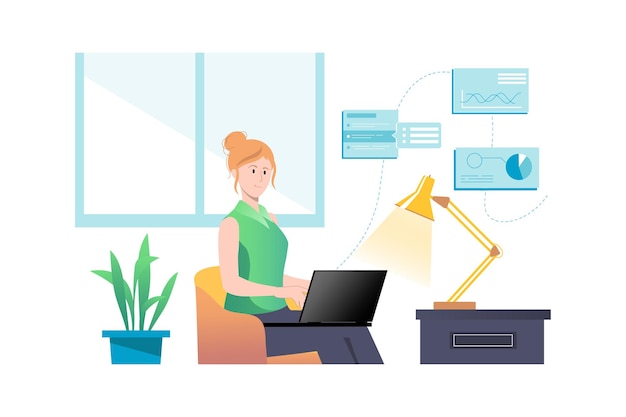 Data analysis concept with people scene in flat cartoon design Woman in the office works on analyzing data that her colleagues provide electronically Vector illustration