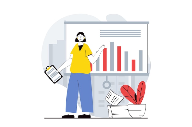 Data analysis concept with people scene in flat design for web Woman working with charts and making presentation of earnings data Vector illustration for social media banner marketing material