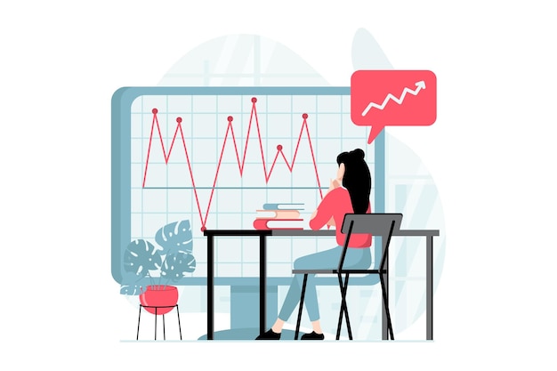 フラットなデザインで人々 のシーンとデータ分析の概念女性はチャート研究市場動向を扱う会社の監査と財務報告を作成するベクトル図と web の文字状況