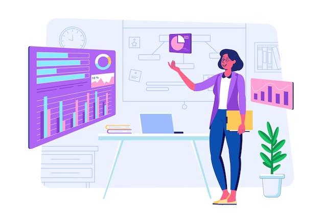 Data analysis concept with people scene for web Woman works with data on dashboards explores statistics on graphs and charts makes financial reports Vector illustration in flat perspective design