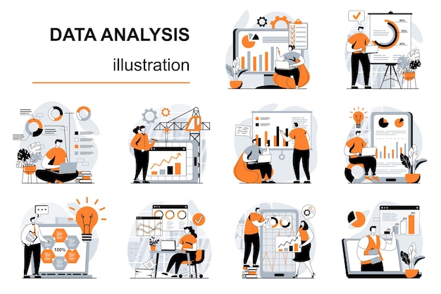 Vector data analysis concept with people scenes set in flat design vector illustration visual stories