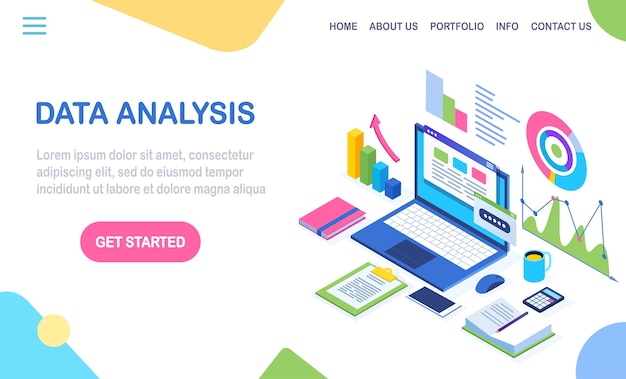 Data analysis. Digital financial reporting, seo, marketing. Business management, development.  isometric laptop, computer, pc with graph, chart, statistic.   for website