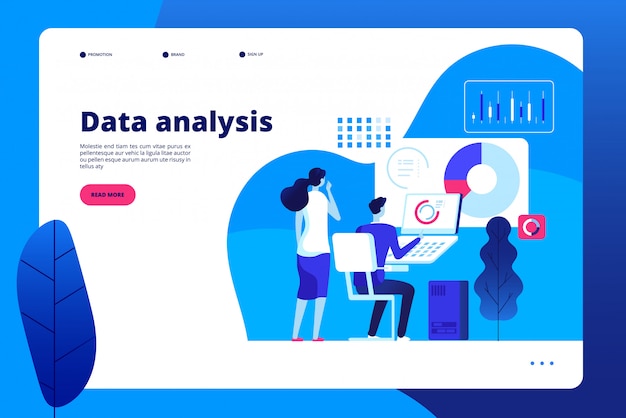 Vettore analisi dei dati. analista personale professionale di elaborazione commerciale di marketing interattivo dell'ufficio con la pagina di destinazione del computer portatile