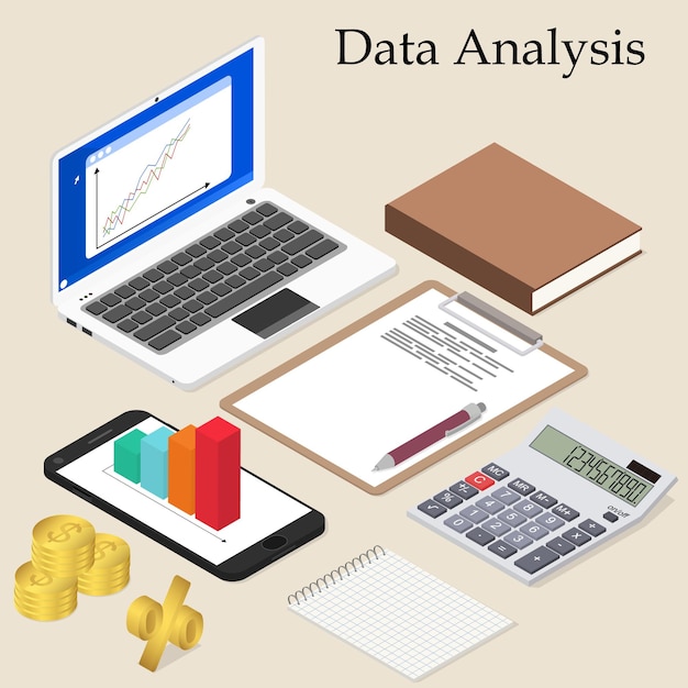 Data analysis. Flat isometric. Laptop with charts on the screen. Calculator for mathematical calculations. Smartphone with diagram. Book and Notepad with pen. Vector illustration.