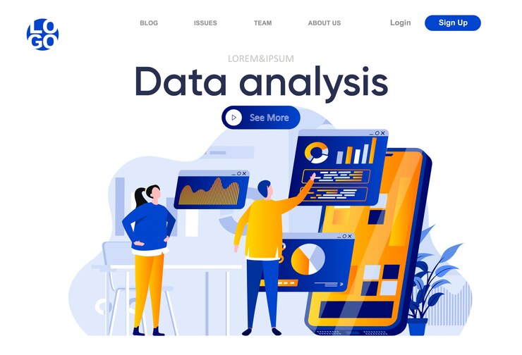 Vector data analysis flat landing page. people using mobile application with business analytics on screen illustration. online financial data analysis web page composition with people characters.