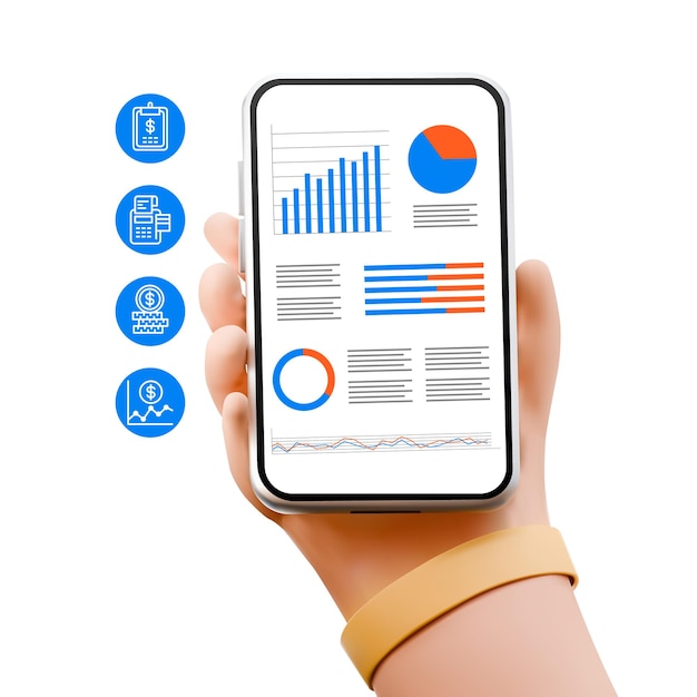 Vettore analisi dei dati, grafico, informazioni per la decisione, app per telefono con cartone animato carino.
