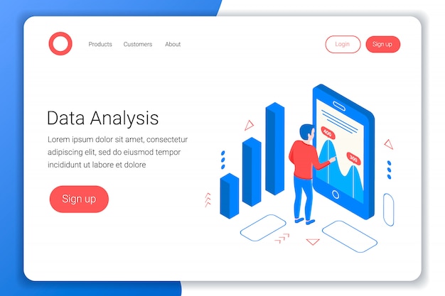 Data analysis isometric concept. Analyst looks at the charts and graphs. Flat 3d style. Landing page template. illustration.