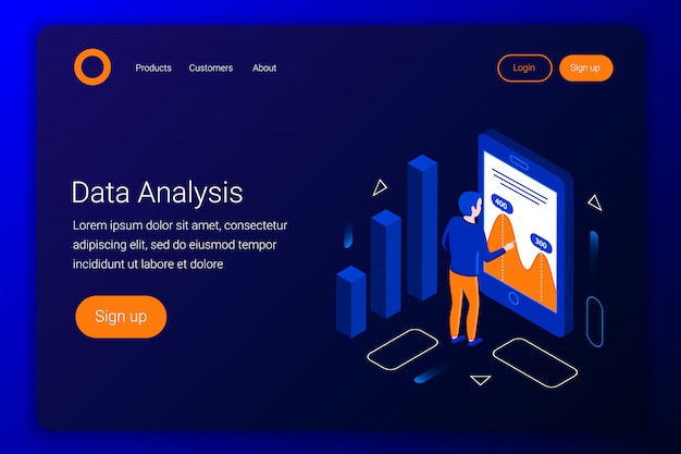 Data analysis isometric concept. analyst looks at the charts and graphs. flat 3d style. landing page template. illustration.