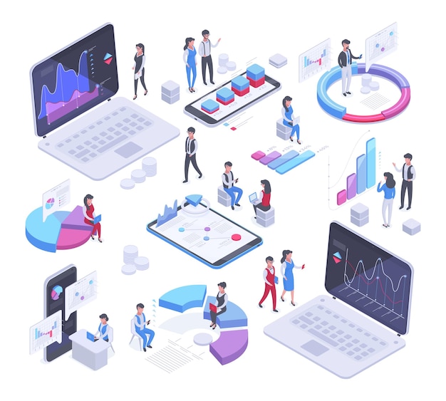 Data analysis isometric people finance market charts vector symbols illustrations