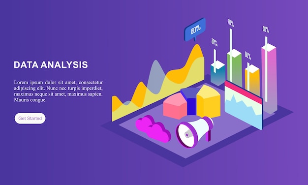 Vector data analysis isometric website landing page .