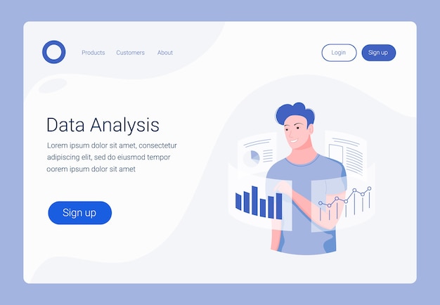 Data analysis landing page template. Young man analyzing statistics. Trendy flat style.