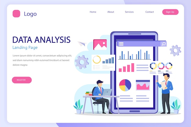 Data analysis landing page website flat vector template