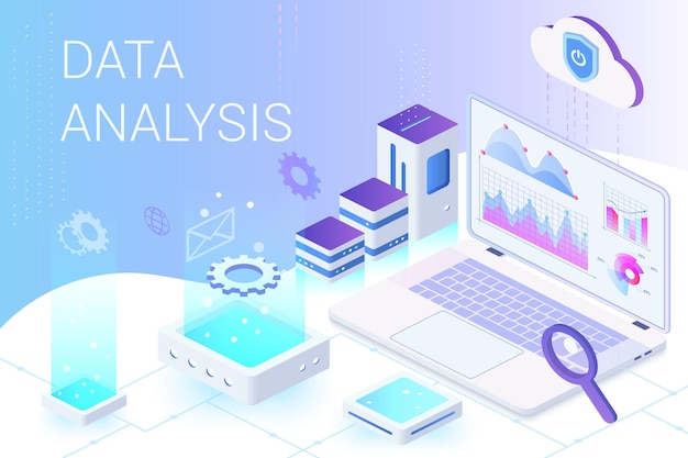 Vettore pagina di destinazione del servizio di analisi dei dati e metriche di marketing con modello isometrico