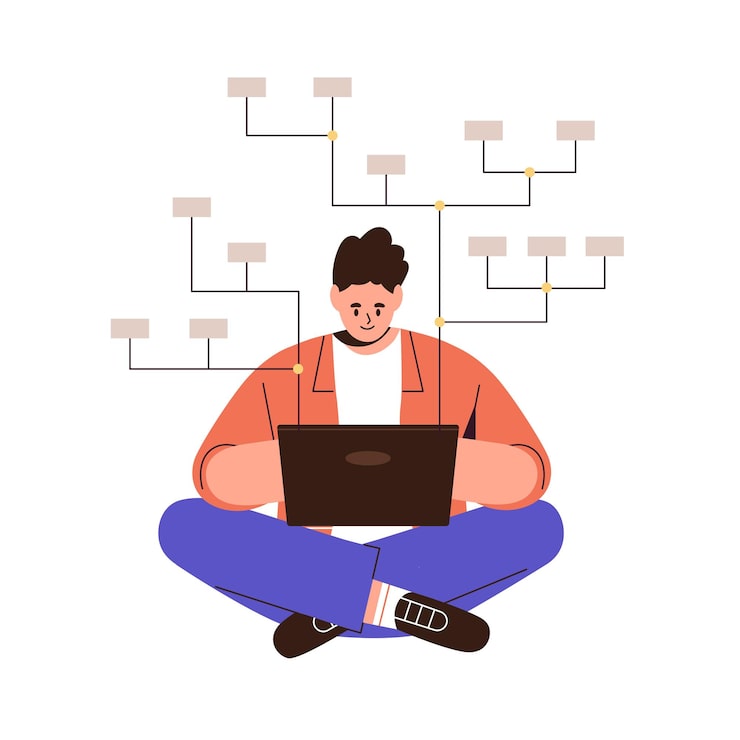 Vector data analysis organizing structure of database concept man analyst building block scheme developing arranged logic system flowchart at laptop flat vector illustration isolated on white background