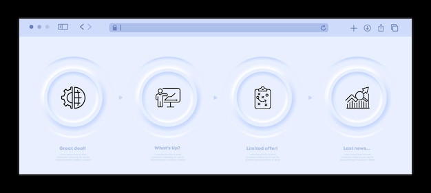 Vector data analysis set icon career growth analytics income charts tables seo files lesion gear setting marketing diagram infographics concept neomorphism website interface vector line icon