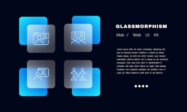 데이터 분석 설정 아이콘 원격 작업 웹사이트 위임 팀워크 팀 빌딩 컴퓨터 비즈니스 Infographic 개념 Glassmorphism 스타일 비즈니스 및 광고에 대 한 벡터 라인 아이콘