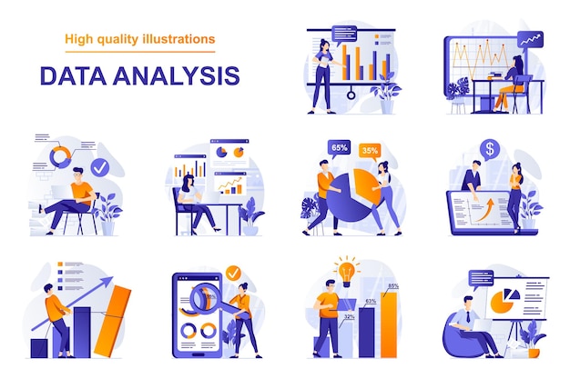 Data analysis web concept with people scenes set in flat style bundle of searching statistics at cha