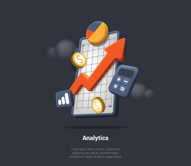 Data Analytics 3D Verhogingsgrafiek met rekenmachine en gouden munten Seo optimalisatie voor marketing Sociale media Financieel rapport Grafiek Data-analyse Webontwikkeling 3D Vector Render Illustratie