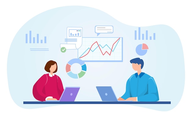 Data analytics for business financial investment ideas with a team of business people working on a graph dashboard Flat style cartoon illustration vector