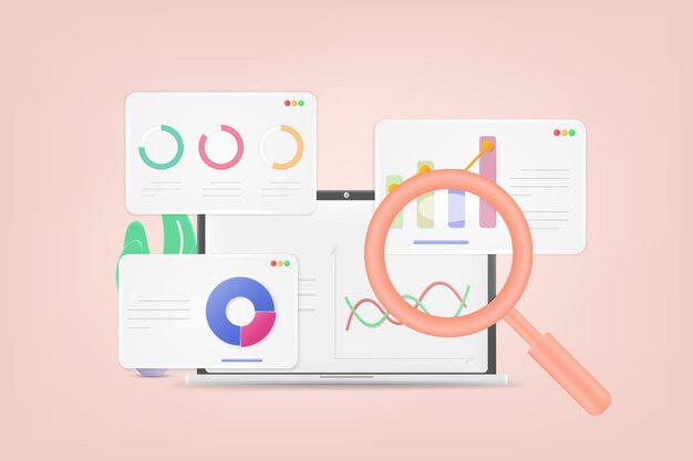 Концепция анализа данных Dashboard SEO на экране ноутбука Отчет о финансах бизнеса 3D Vector Illustrations