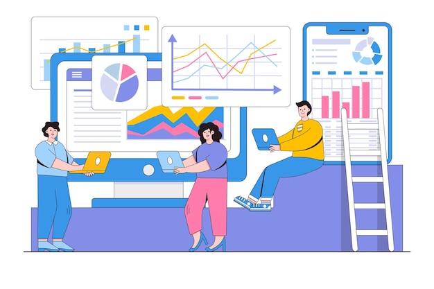 Data analytics dashboard and business finance report concept with people character Outline design style minimal vector illustration for landing page web banner infographics hero images