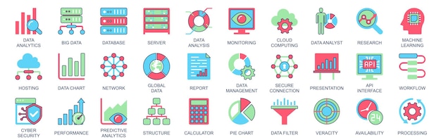 Data analytics icon set in flat color icons web design Pack pictograms with database server analysis monitoring cloud computing research analyst machine learning other Vector illustration