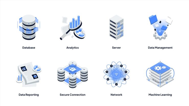 Vector data analytics isometric icon illustration set big data analysis technology symbol containing data management network analytics data reporting machine learning server secure connection and database