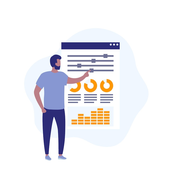 Vector data analytics, man at the dashboard, vector