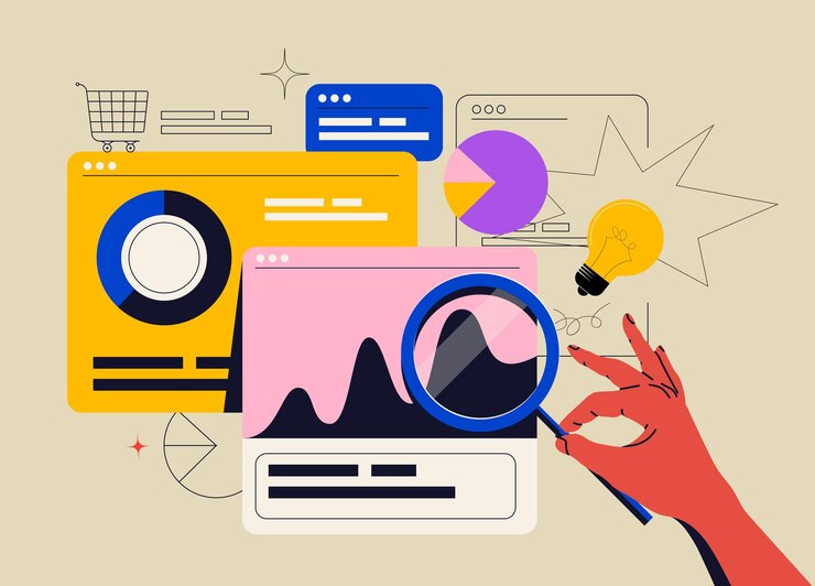Vector 抽象的なインフォグラフィックとデータ分析またはマーケティングseo最適化イラストの概念
