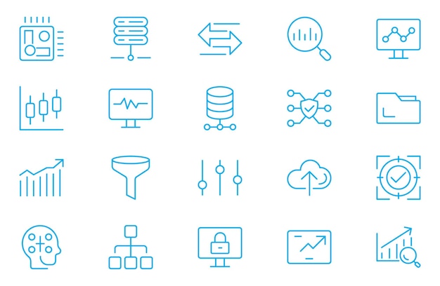 Data analytics web icons set Pack van database big data proces ai monitoring traffic hosting service optimization backup chart en andere Vector outline stroke icon design