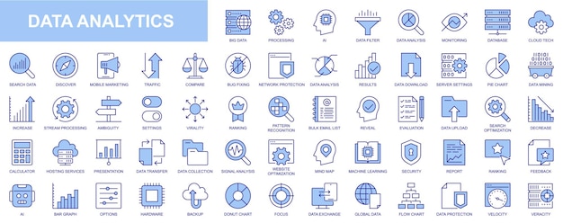 Data analytics web icons set in thin line design Pack of database big data process ai monitoring traffic hosting service optimization backup chart and other Vector outline stroke pictograms