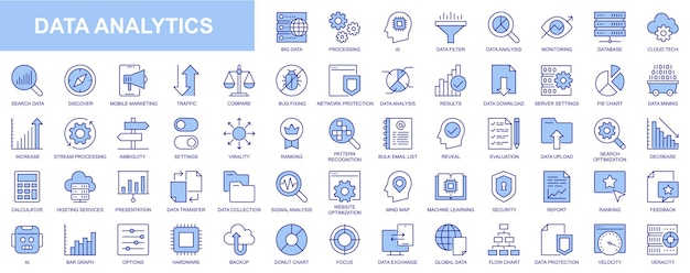 Icone web di analisi dei dati impostate in un design sottile pacchetto di processi di big data del database ai monitoraggio del traffico hosting ottimizzazione del servizio grafico di backup e altri pittogrammi di tratti di contorno vettoriale