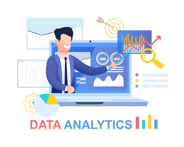 Vector data analytics. young businessman in blue suit.