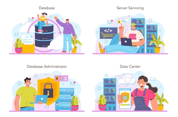 Data base administrator concept set. manager working at data center. data protection, backup and restore. modern computer technology, it profession. flat vector illustration