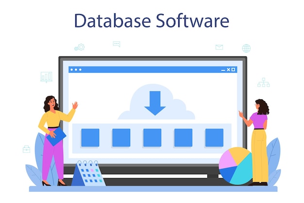 Data base administrator online service or platform. female and male character working at data center. database software. isolated vector illustration