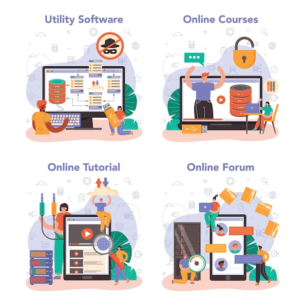 Интернет-сервис или платформа администратора базы данных. Менеджер, работающий в дата-центре. Защита данных, резервное копирование и восстановление. Интернет-форум, учебник, курс, служебное ПО. Плоские векторные иллюстрации