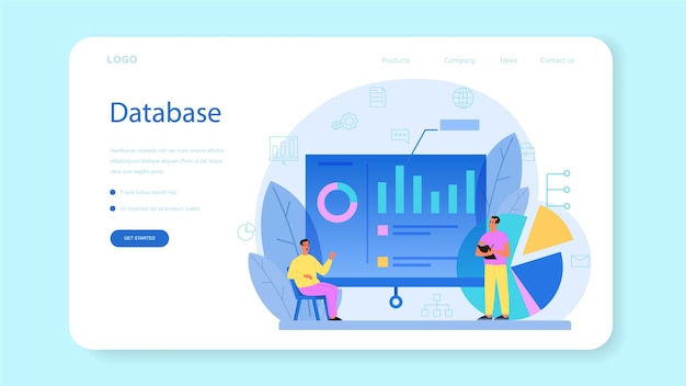 데이터베이스 관리자 웹 배너 또는 랜딩 페이지. 데이터 센터에서 일하는 여성 및 남성 캐릭터. 현대 컴퓨터 기술, IT 직업 아이디어.