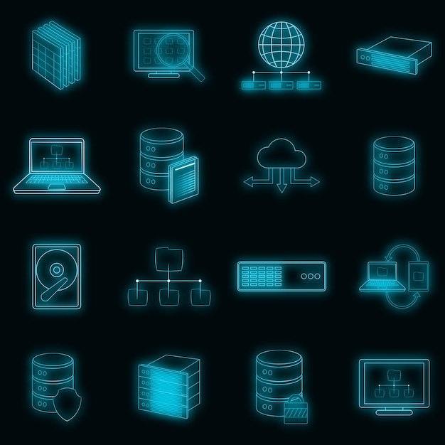 Data base icons set vector neon