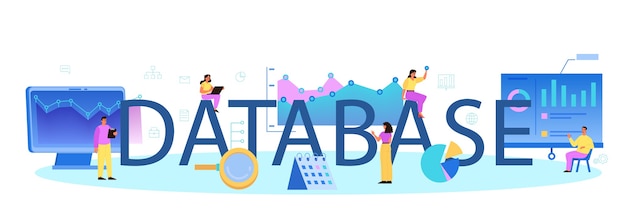 Data base typographic header. Female and male character working at data center.