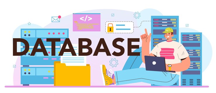 Vector data base typographic header. manager working at data center. data protection, backup and restore. modern computer technology, it profession. flat vector illustration