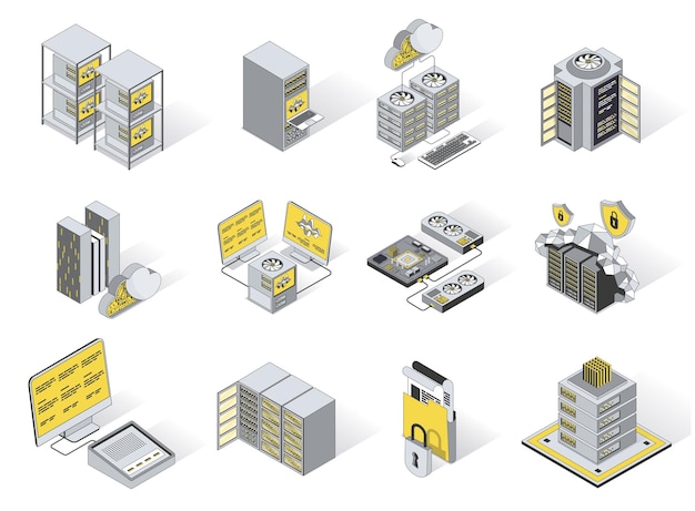 Vector data center 3d isometric icons set pack elements of server racks cloud computing and storage