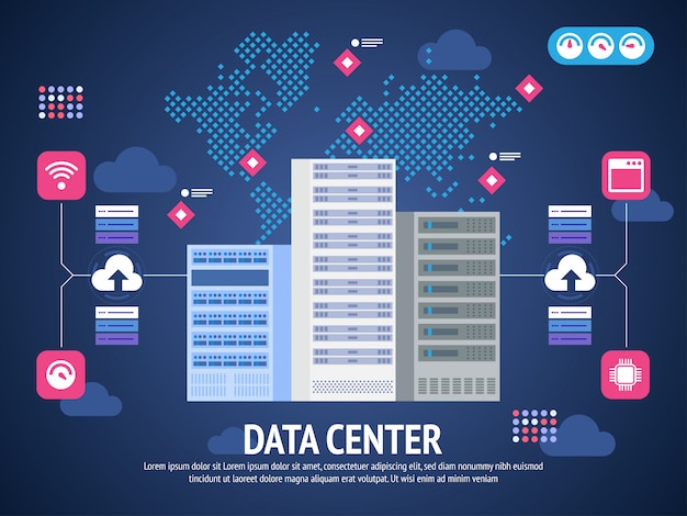 Data center cloud connessione al computer hosting server database sincronizza tecnologia